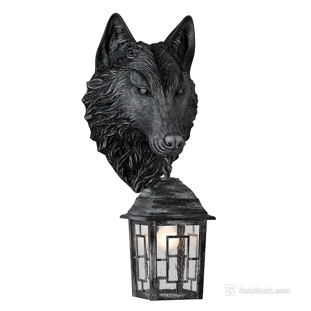 Black Wolf Head Decorative Wall Light with Lantern Design and Glass Panels 3d model 