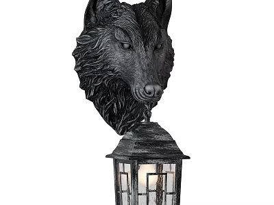 Black Wolf Head Decorative Wall Light with Lantern Design and Glass Panels 3d model