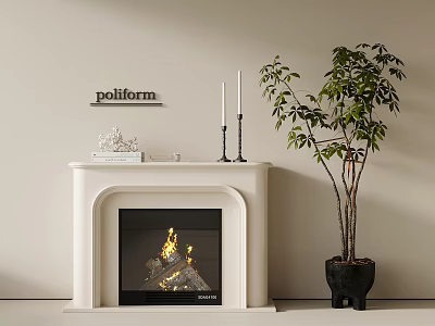 Modern White Fireplace with Burning Fire Candles Ornament and Green Plant Decor 3d model