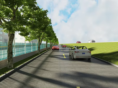 Modern Road Facilities Featuring Two Way Lanes Green Belt Trees And Safety Guardrails 3d model