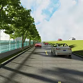 Modern Road Facilities Featuring Two Way Lanes Green Belt Trees And Safety Guardrails