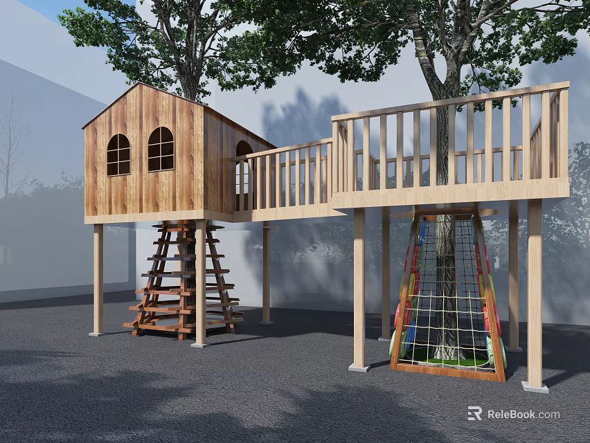 Wooden Treehouse Play Structure With Climbing Net And Stairs Platform 3d model 