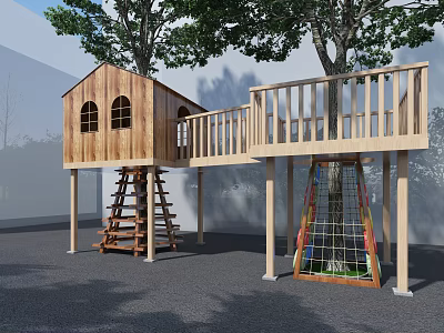 Wooden Treehouse Play Structure With Climbing Net And Stairs Platform 3d model
