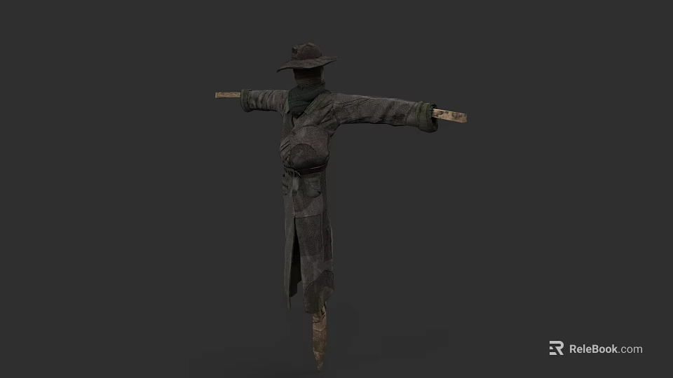 Mysterious Scarecrow Game Movie Character With Long Coat Hat And Outstretched Arms 3d model 