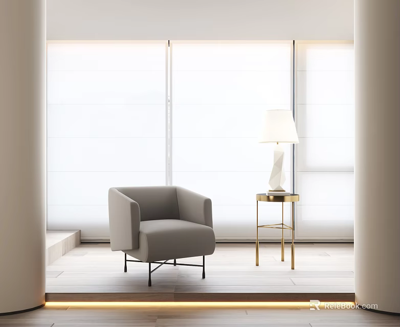 Gray Single Sofa in Modern Bright Interior with Side Table Table Lamp and Large Windows 3d model