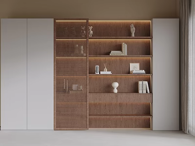 Modern Wooden Bookcase Interior Design With Open Shelves Books And Decorations 3d model