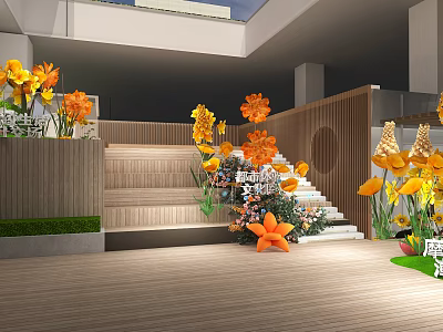 Floral Installation Design With Wooden Staircase Yellow Orange Flowers And Green Plants 3d model