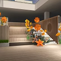 Floral Installation Design With Wooden Staircase Yellow Orange Flowers And Green Plants
