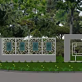 Garden Landscape with Gray Walls Intricate Decorative Windows Natural Motifs Green Trees and Small Plants