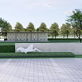 Serene Garden Landscape with Lush Green Lawn Neat Hedges White Sculpture Pavilion and Trees