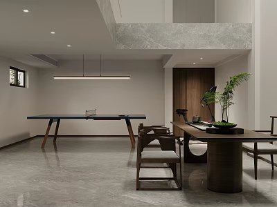 Modern Basement Interior With Ping Pong Table Office Area And Plants 3d model