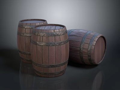 Three Wooden Barrels with Metal Hoops for Household Storage and Decorative Use 3d model