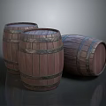 Three Wooden Barrels with Metal Hoops for Household Storage and Decorative Use