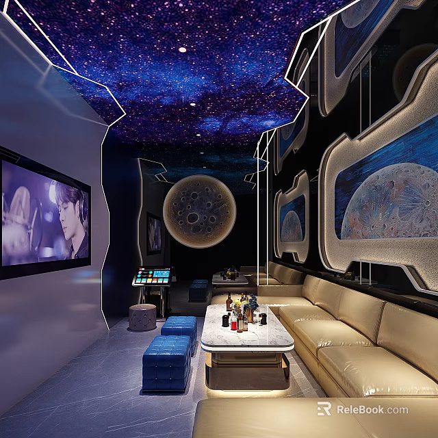 Starry Sky KTV Room Featuring Starry Ceiling Large Screen TV Sofas And Wall Planet Designs 3d model