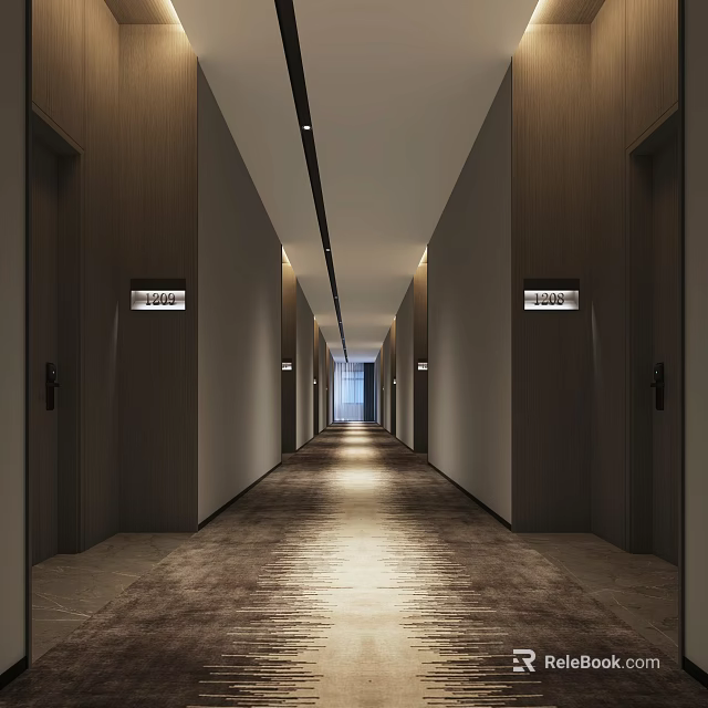 Long Modern Elevator Hallway Interior With Wooden Doors Room Signs Recessed Lighting And Carpet 3d model 