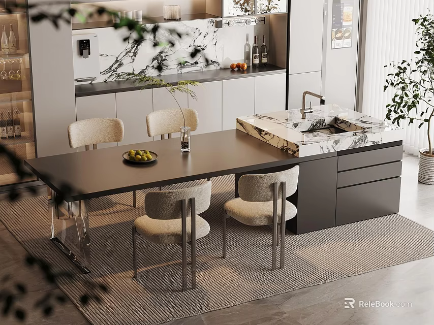 Modern Dining Table Set With Gray Table Light Chairs And Marble Countertop 3d model