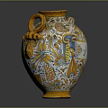 Decorative Vase With Yellow Blue Floral Patterns And Ornate Handle
