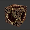 Intricate Decorative Cube With Gold Geometric Patterns And Circular Holes For Home Use 3d model