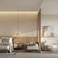 Hotel Guest Room Cozy Interior With Wooden Screens Beige Walls Comfortable Bed And Hanging Lamp