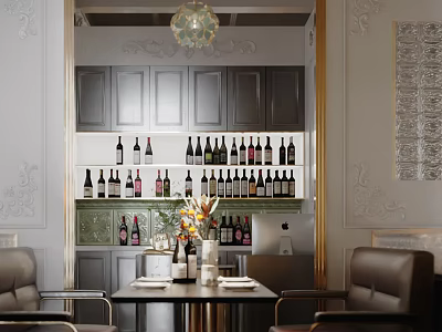 Elegant Restaurant Interior With Wine Bottles Chandelier Dining Table Decorative Flowers Wall Decor And Chairs 3d model