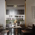 Elegant Restaurant Interior With Wine Bottles Chandelier Dining Table Decorative Flowers Wall Decor And Chairs