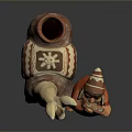 Clay Sculptures Featuring Llama and Flute Playing Figure with Orange Attire and Textured Patterns