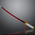Katana Weapon With Red Black Blade Pattern And White Orange Handle On Gray Background
