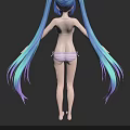Game and Movie Female Character With Blue Gradient Twin Ponytails Back View