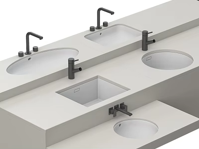 Modern Bathroom Sinks In Various Shapes With Matte Black Faucets And Stone Countertops 3d model