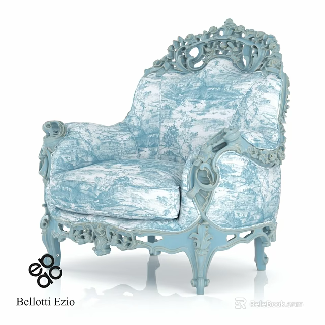 Elegant Light Blue Leisure Chair With Intricate Carved Details And Patterned Fabric 3d model 