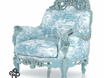 Elegant Light Blue Leisure Chair With Intricate Carved Details And Patterned Fabric 3d model