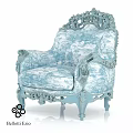 Elegant Light Blue Leisure Chair With Intricate Carved Details And Patterned Fabric
