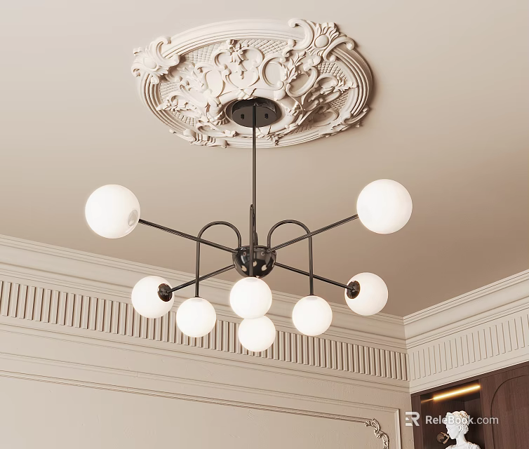 Elegant Chandelier With White Spherical Lampshades And Black Metal Frame On Decorative Ceiling Medallion 3d model 