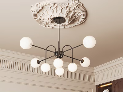 Elegant Chandelier With White Spherical Lampshades And Black Metal Frame On Decorative Ceiling Medallion 3d model