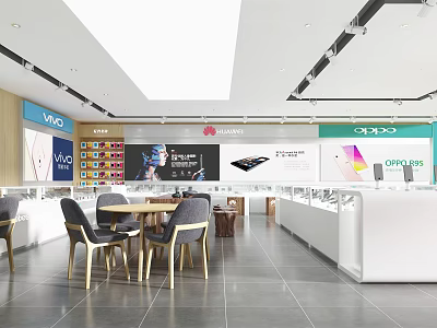 Bright Digital Store With Vivo Huawei OPPO Brands Electronic Products Shelves And Rest Chairs 3d model