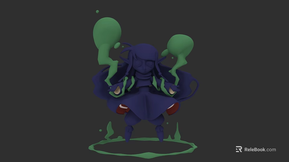 Woman In Purple Cloak With Green Smoke And Liquid Standing On Dark Background 3d model 