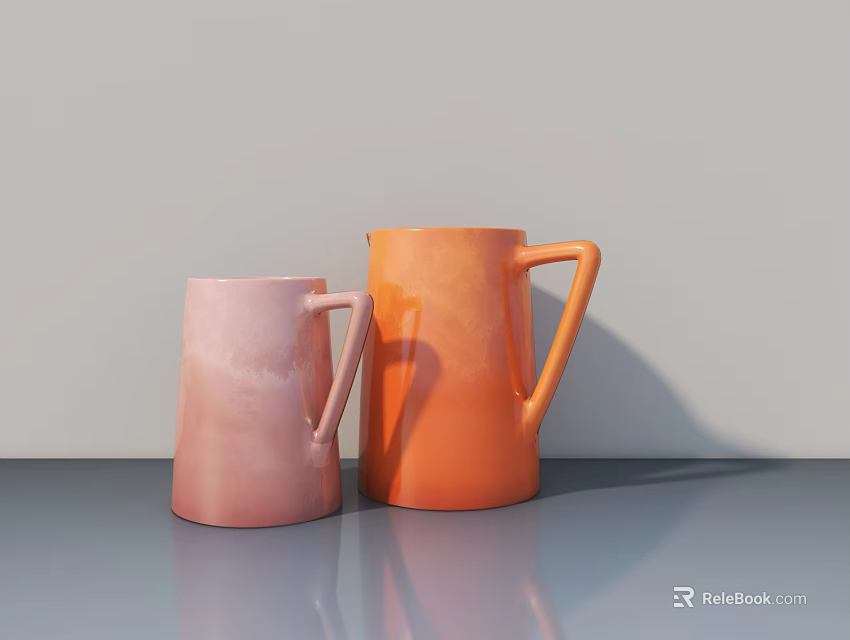 Two Pink and Orange Ceramic Mugs Placed on Smooth Gray Surface 3d model 