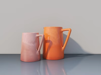 Two Pink and Orange Ceramic Mugs Placed on Smooth Gray Surface 3d model