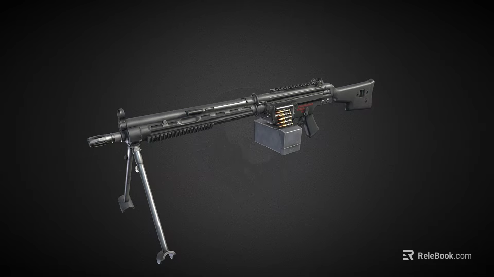 Tactical Machine Gun With Tripod Stand Magazine Box And Metal Barrel 3d model 