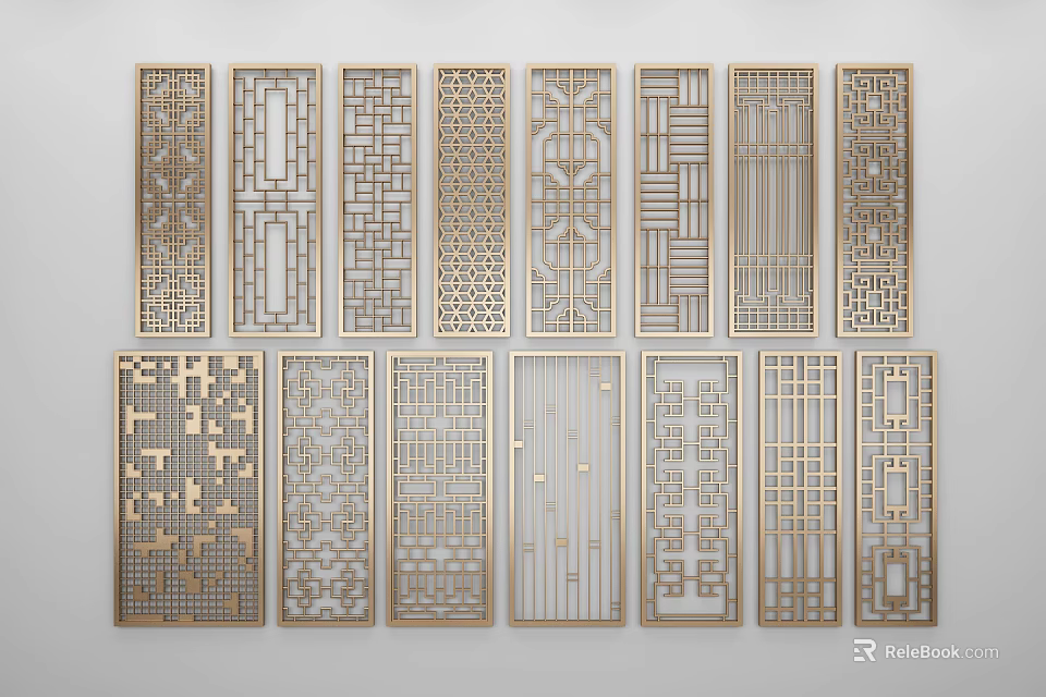 Various Interior Room Dividers With Intricate Laser Cut Patterns And Metallic Frames 3d model