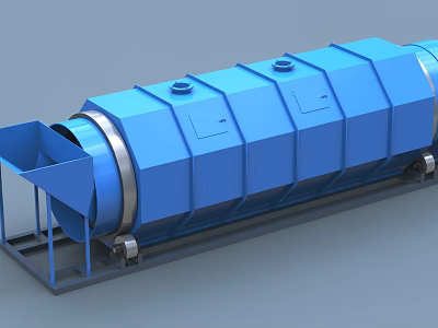 Industrial Blue Rotary Drum Equipment Featuring Cylindrical Body And Support Frame 3d model