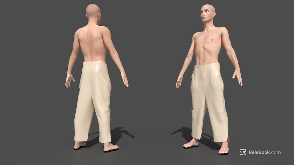 Beige Casual Pants On Male Model Front And Back View 3d model