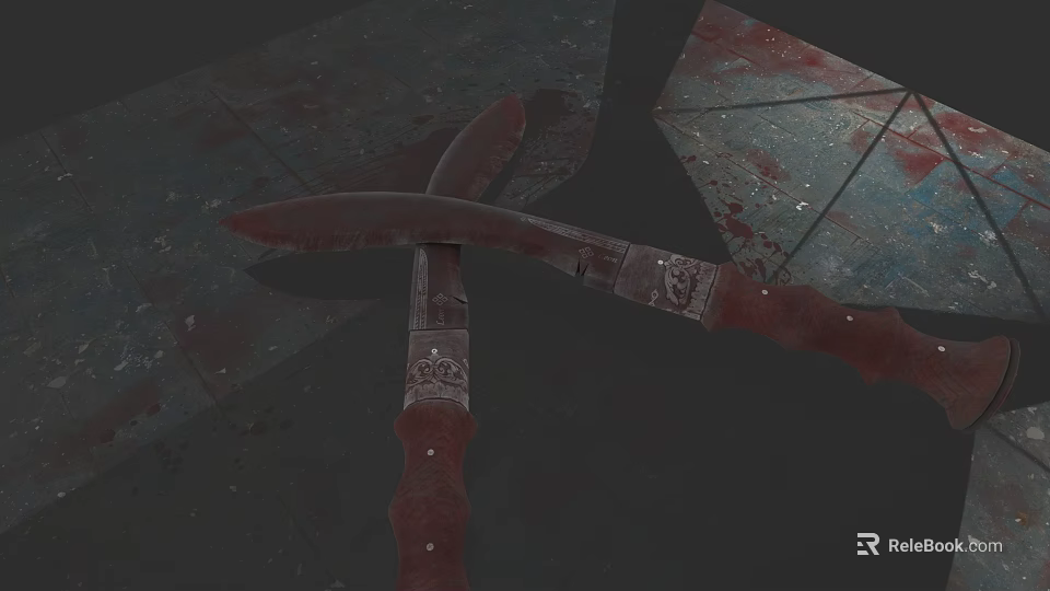 Two Crossed Knives Red Patterned Handles Bloodstained Blades On Stained Floor With Broken Metal 3d model 