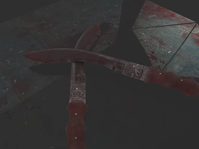 Two Crossed Knives Red Patterned Handles Bloodstained Blades On Stained Floor With Broken Metal 3d model