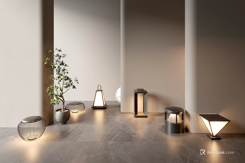 Modern Illuminated Outdoor Lights With Various Shapes In Garden Corridor And Small Plant 3d model 