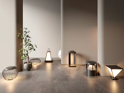 Modern Illuminated Outdoor Lights With Various Shapes In Garden Corridor And Small Plant 3d model