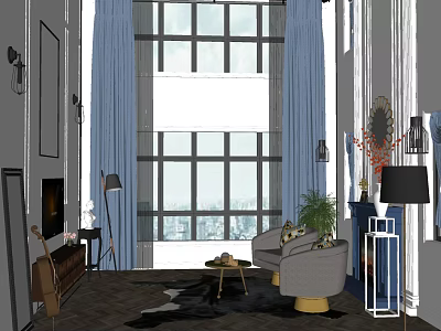 Casual Sofa Set With Cozy Armchairs Large Windows Blue Curtains Coffee Table And Floor Lamp 3d model