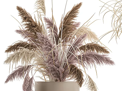 Elegant Bonsai Potted Plant With Brown Purple And White Grasses In Beige Pot 3d model
