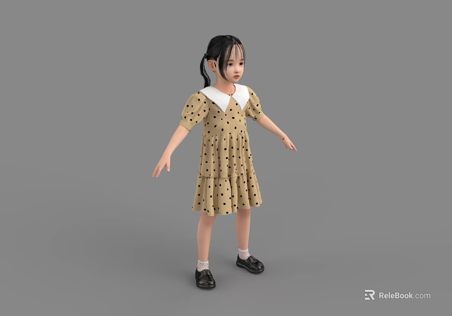 Little Girl In Beige Polka Dot Dress With White Peter Pan Collar And Black Shoes 3d model 