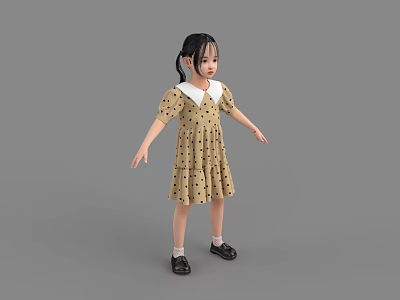 Little Girl In Beige Polka Dot Dress With White Peter Pan Collar And Black Shoes 3d model